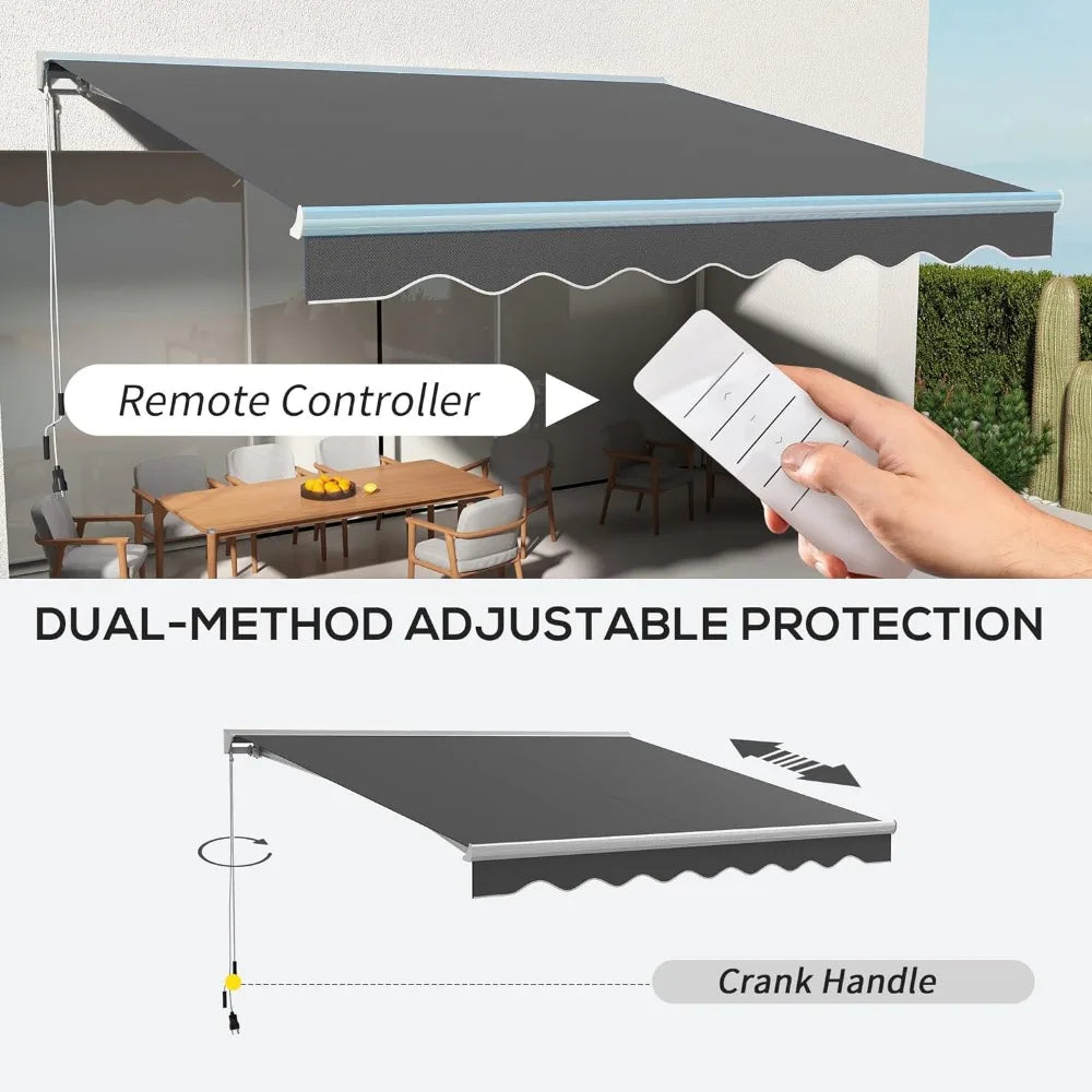 13' X 10' Electric Awning with LED Light, Retractable Awning, Sunshade Shelter with Remote Controller and Crank Handle for Deck