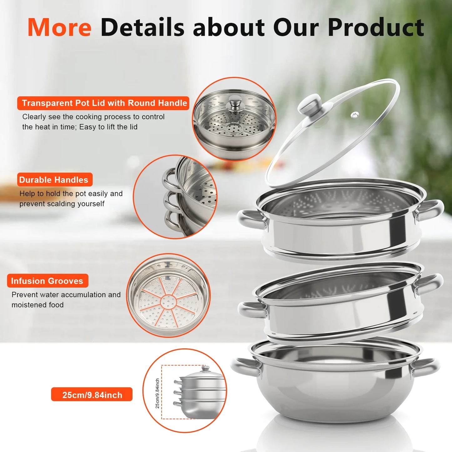 3-Tier Stainless Steel Thick Steamer Pot