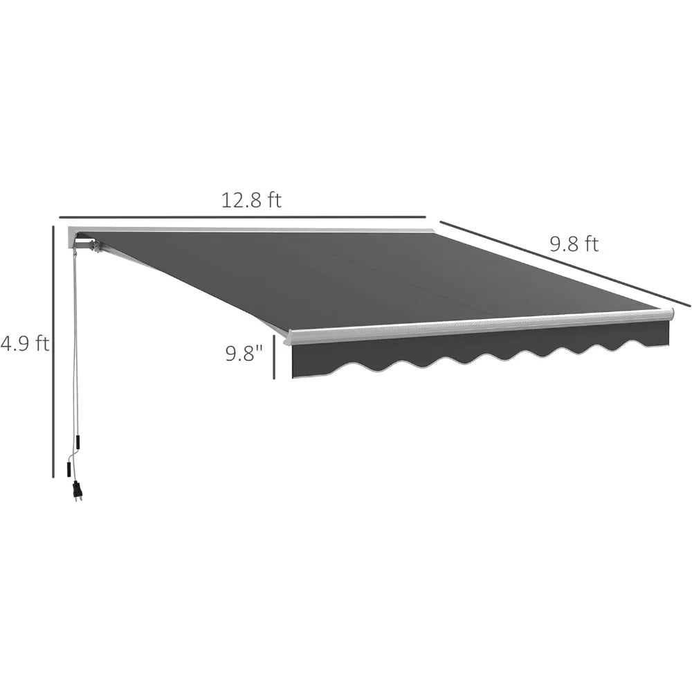 13' X 10' Electric Awning with LED Light, Retractable Awning, Sunshade Shelter with Remote Controller and Crank Handle for Deck