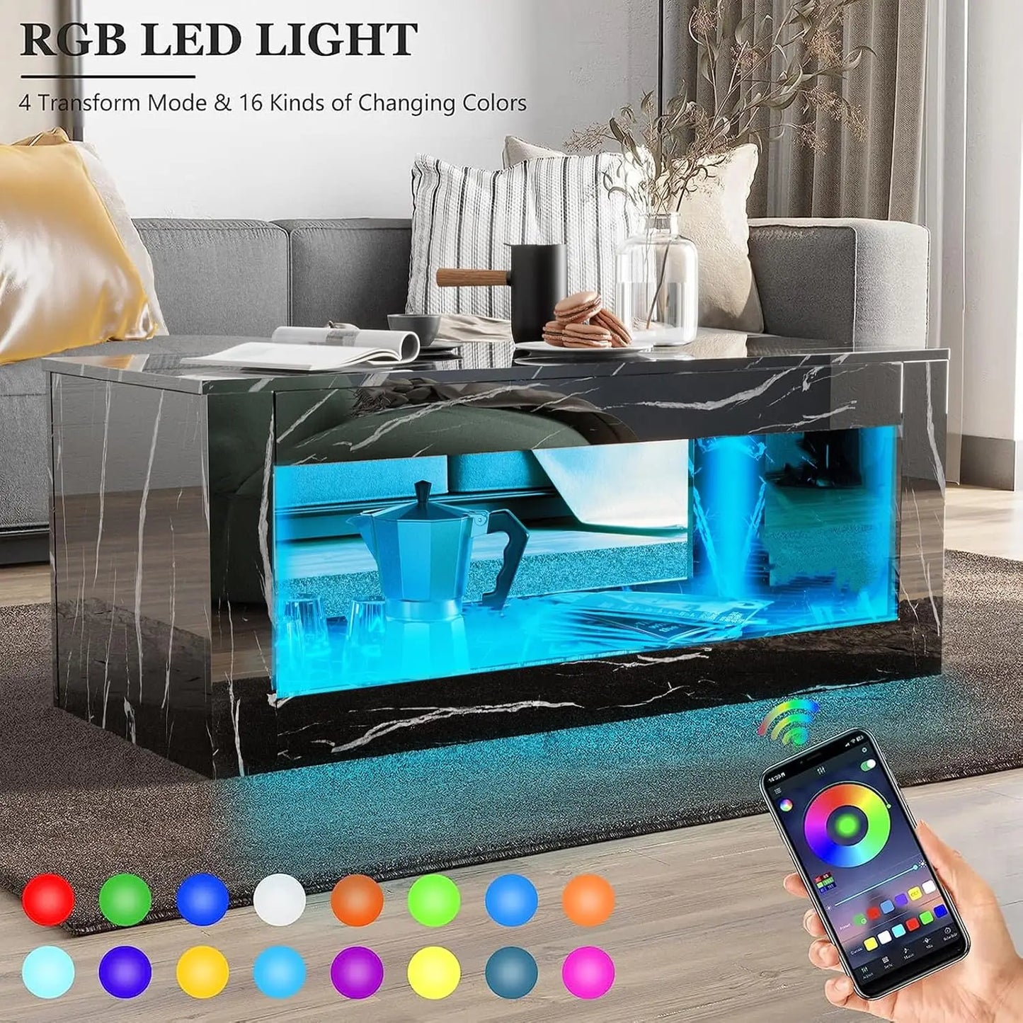 47.2inch LED Coffee Table with Large Open Storage